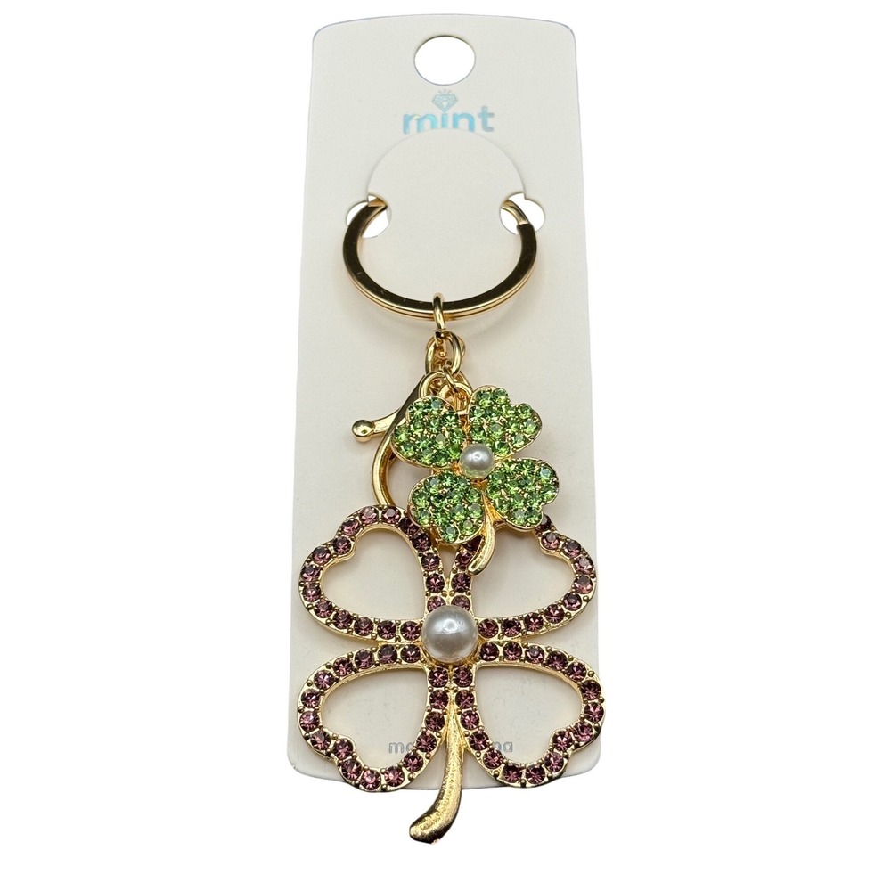 Mint Four Leaf Clover Keychain Rhinestone Pearl Charm Gold‎ Tone